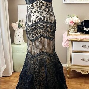 1920s vintage Black Beaded Sequin Mermaid Gown